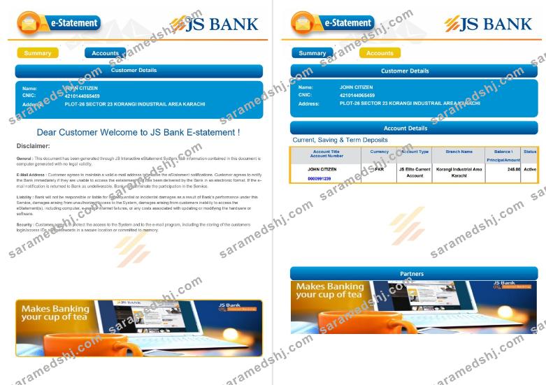 Pakistan JS bank e-statement 3 pages